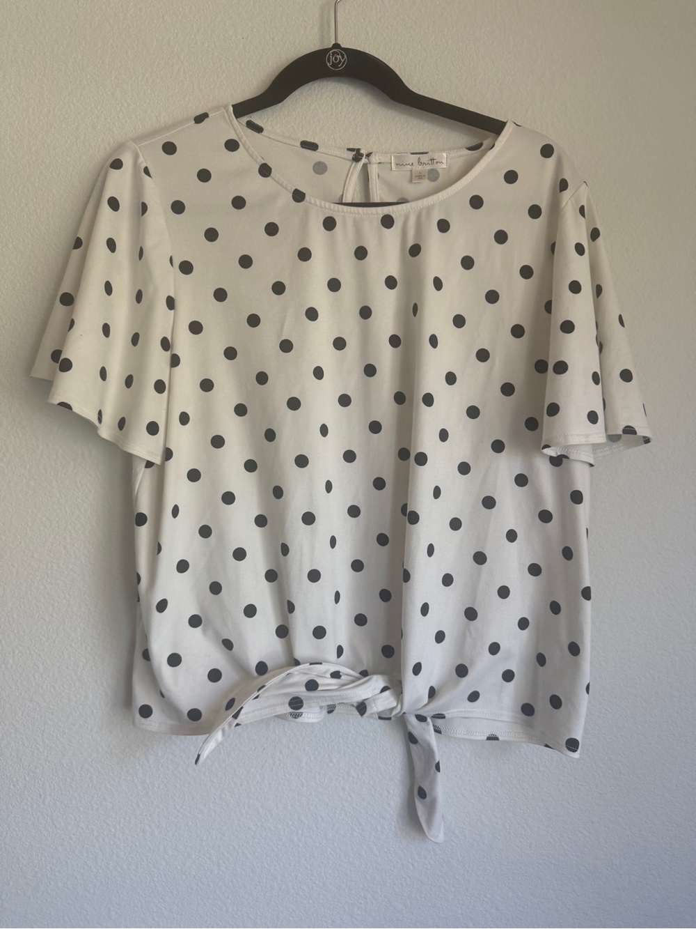 nine britton White Short Sleeve Polka Dot Tie-Front Top